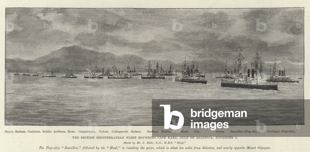 The British Mediterranean Fleet rounding Cape Kara, Gulf of Salonica, 5 November (engraving)