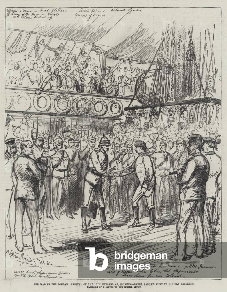 The War in the Soudan, Arrival of the 10th Hussars at Souakim, Baker Pasha's Visit to his Old Regiment (litho)