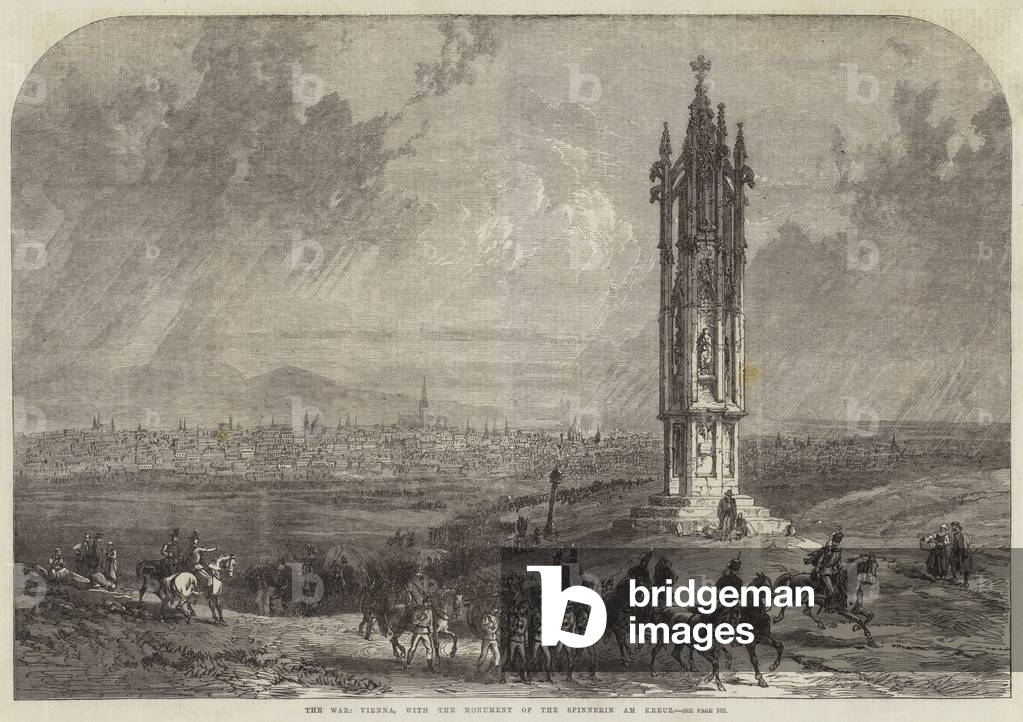 The War, Vienna, with the Monument of the Spinnerin am Kreuz (engraving)