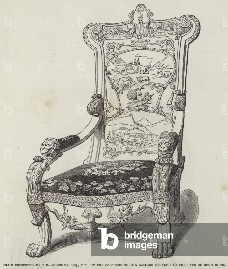 Chair presented to C B Adderley, Esquire, MP, by the Colonists of the Eastern Province of the Cape of Good Hope (engraving)