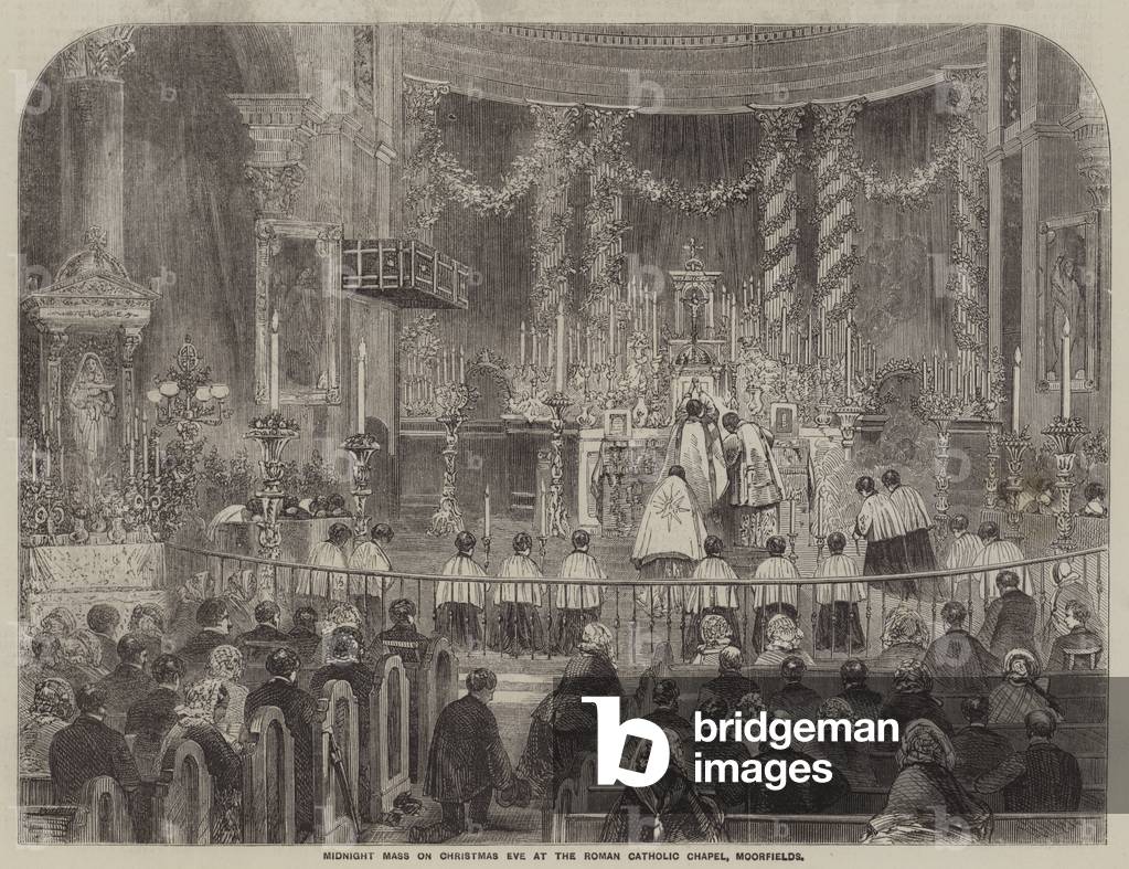 Midnight Mass on Christmas Eve at the Roman Catholic Chapel, Moorfields (engraving)