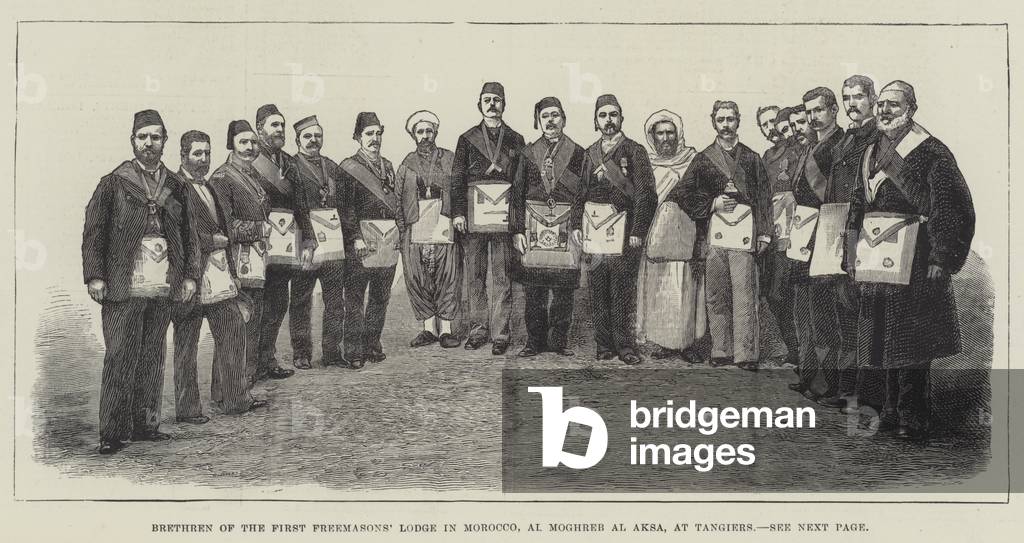 Brethren of the First Freemasons' Lodge in Morocco, Al Moghreb Al Aksa, at Tangiers (engraving)