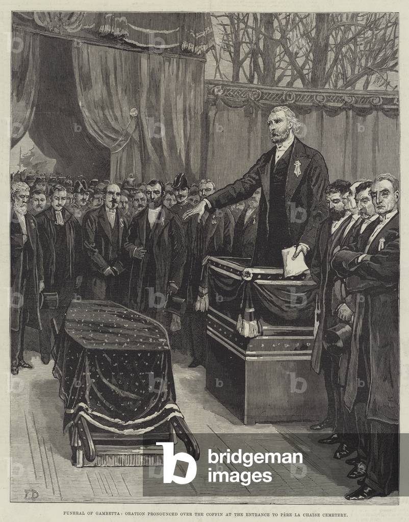 Funeral of Gambetta, Oration pronounced over the Coffin at the Entrance to Pere La Chaise Cemetery (engraving)