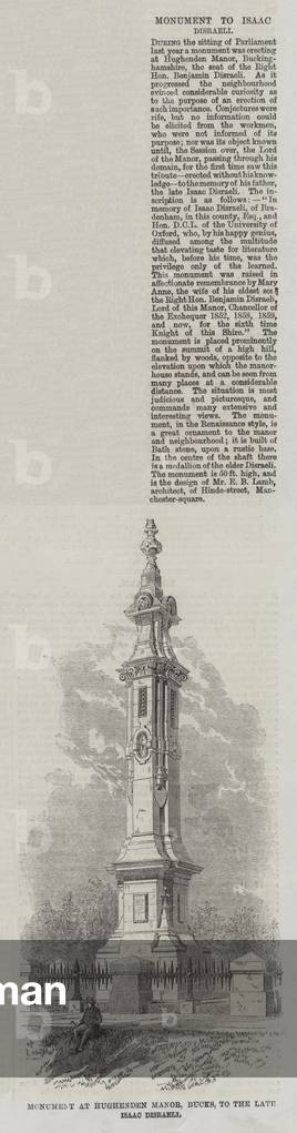 Monument at Hughenden Manor, Bucks, to the late Isaac Disraeli (engraving)