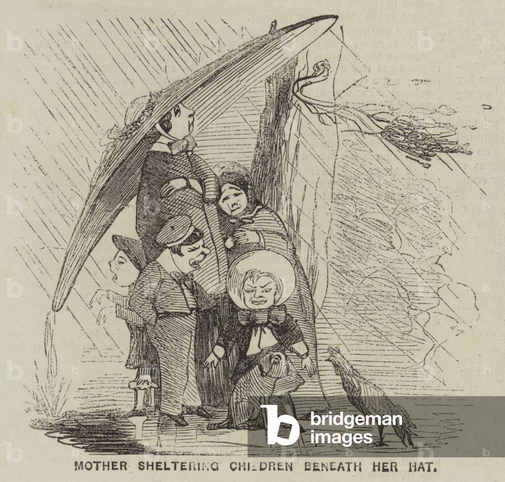 Mother sheltering Children beneath her Hat (engraving)