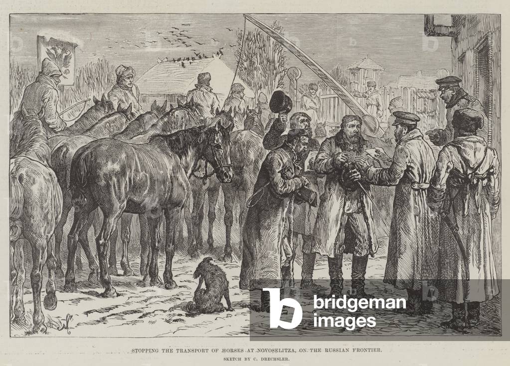 Stopping the Transport of Horses at Novoselitza, on the Russian Frontier (engraving)