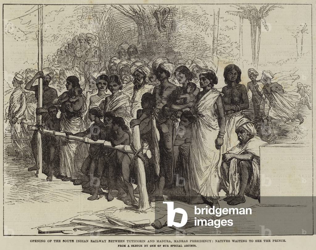 Opening of the South Indian Railway between Tuticorin and Madura, Madras Presidency, Natives waiting to see the Prince (engraving)