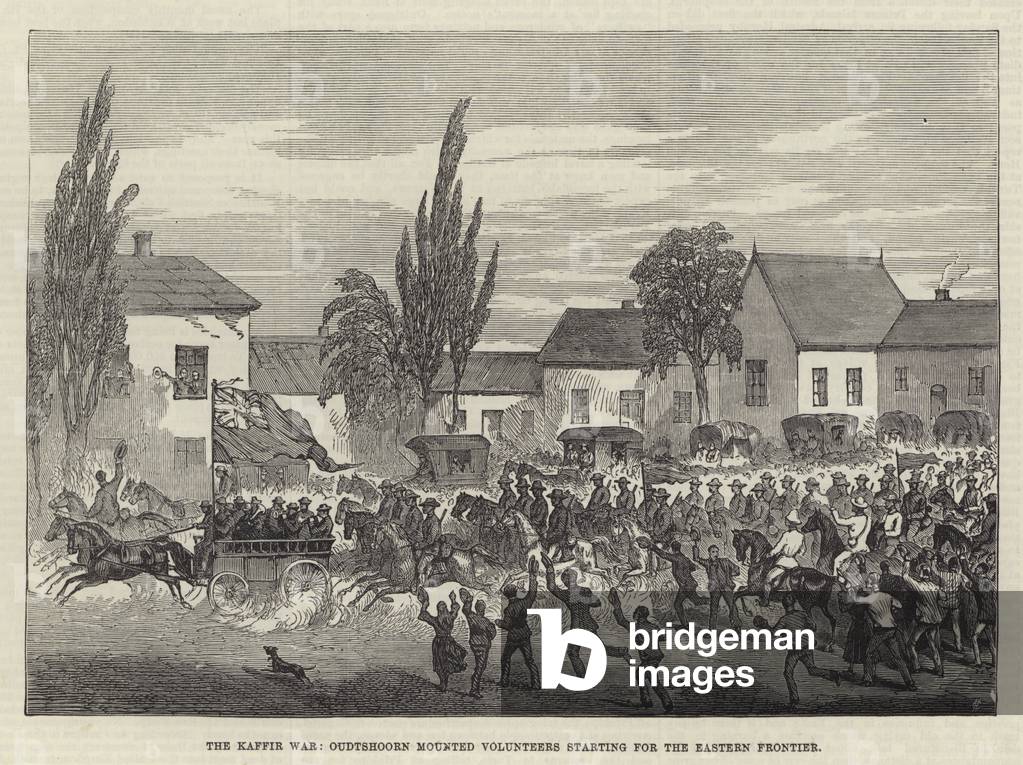 The Kaffir War, Oudtshoorn Mounted Volunteers starting for the Eastern Frontier (engraving)