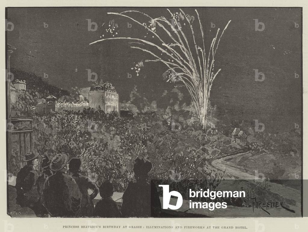 Princess Beatrice's Birthday at Grasse, Illuminations and Fireworks at the Grand Hotel (engraving)