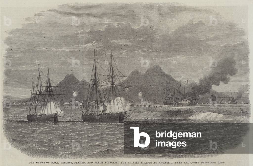 The Crews of HMS Pelorus, Flamer, and Janus attacking the Chinese Pirates at Kwantsiu, near Amoy (engraving)