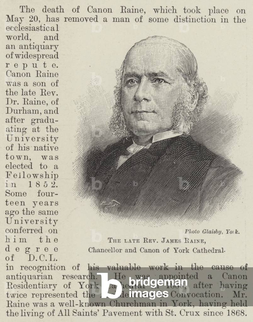 The late Reverend James Raine, Chancellor and Canon of York Cathedral (engraving)
