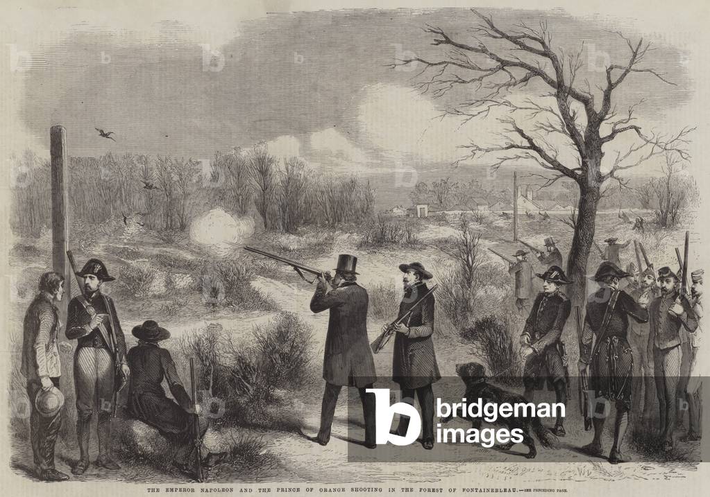 The Emperor Napoleon III and the Prince of Orange shooting in the Forest of Fontainebleau (engraving)