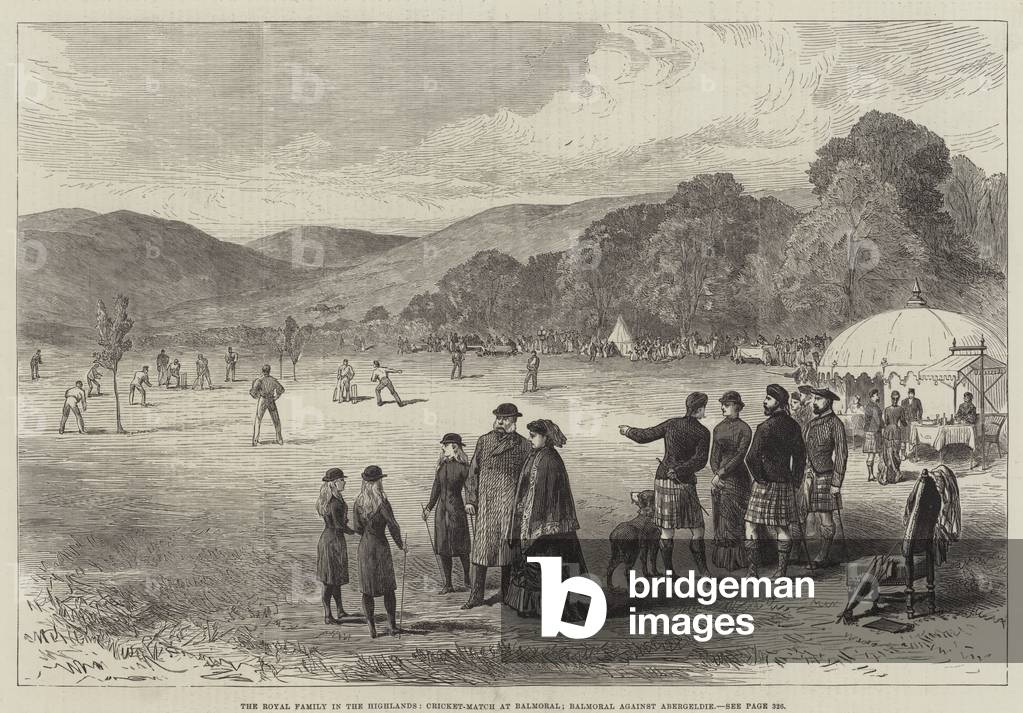 The Royal Family in the Highlands, Cricket-Match at Balmoral, Balmoral against Abergeldie (engraving)