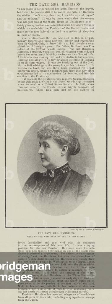 The late Mrs Harrison, Wife of the President of the United States (b/w photo)