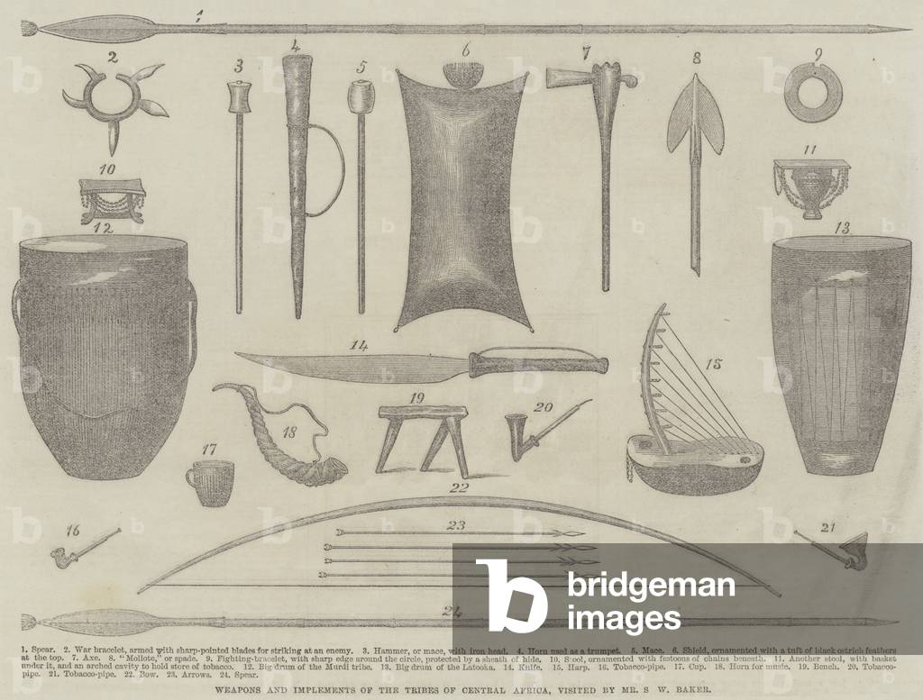 Weapons and Implements of the Tribes of Central Africa, visited by Mr S W Baker (engraving)