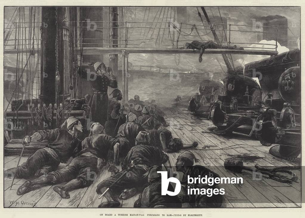 On Board a Turkish Man-of-War preparing to ram, Firing by Electricity (engraving)