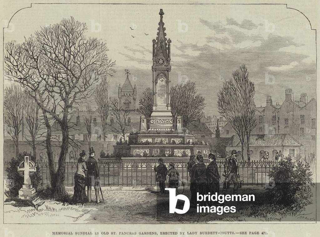 Memorial Sundial in Old St Pancras Gardens, erected by Lady Burdett-Coutts (engraving)