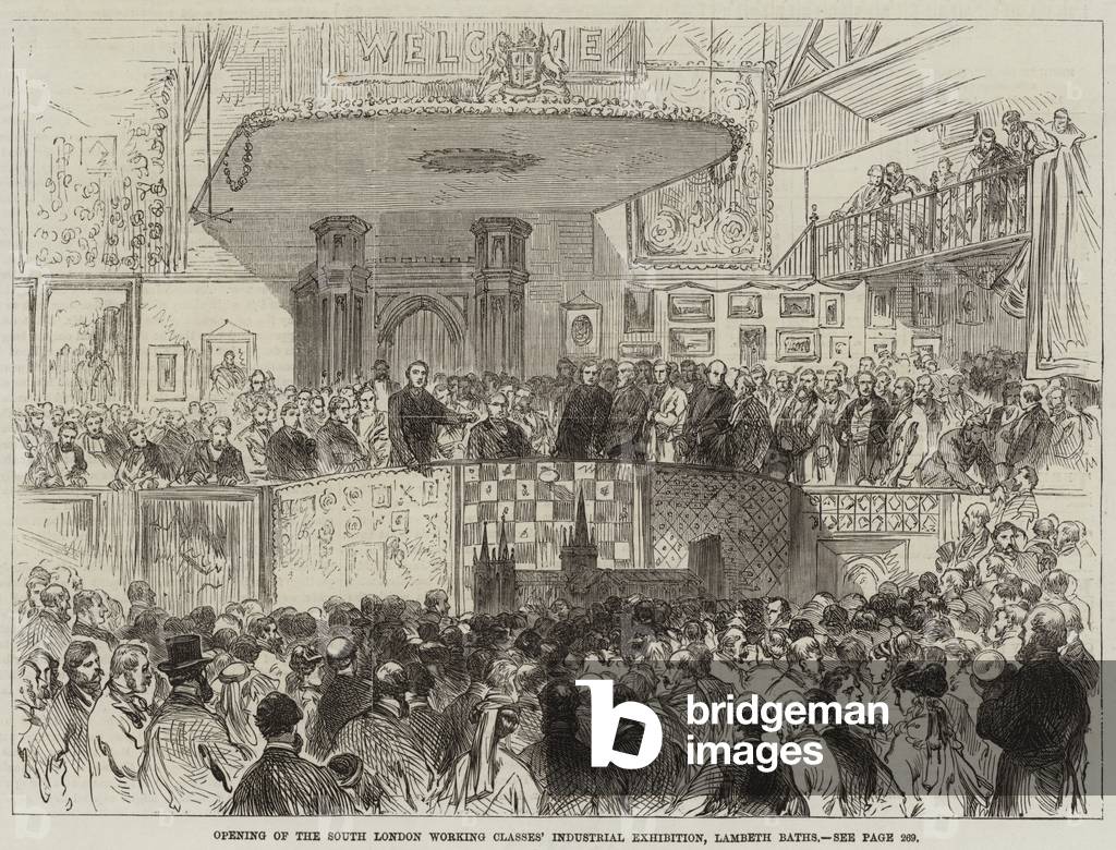 Opening of the South London Working Classes' Industrial Exhibition, Lambeth Baths (engraving)