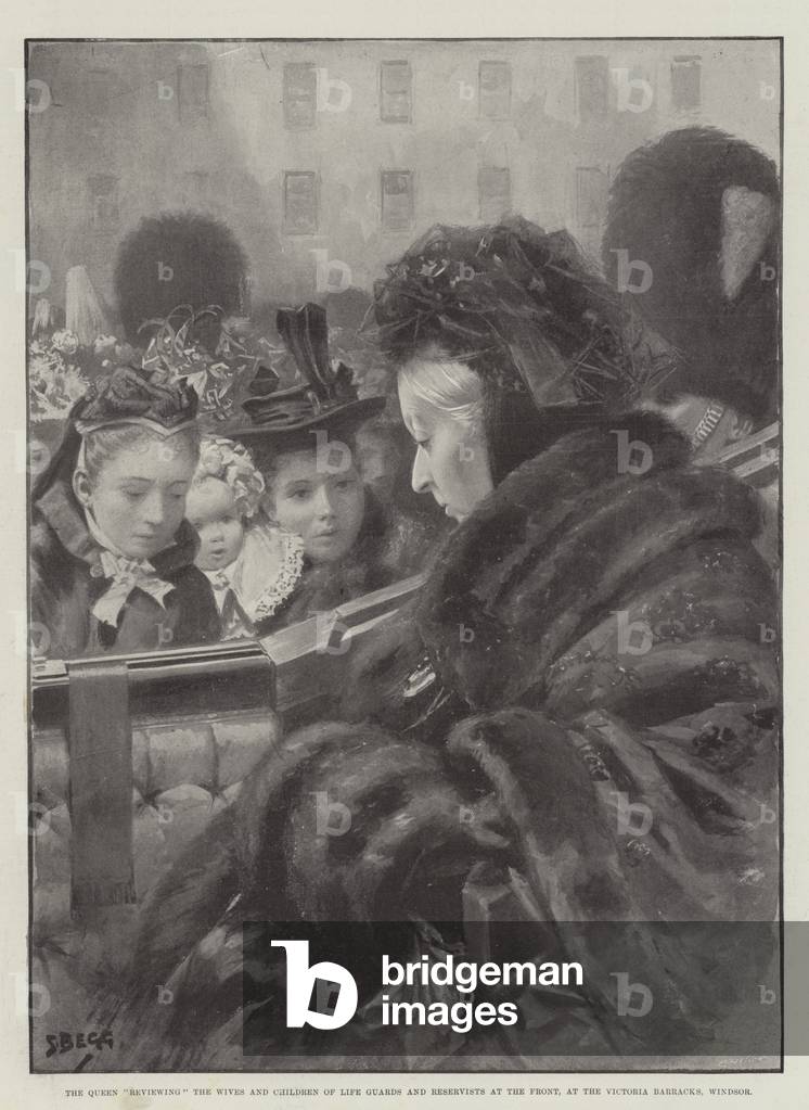 The Queen reviewing the Wives and Children of Life Guards and Reservists at the Front, at the Victoria Barracks, Windsor (litho)