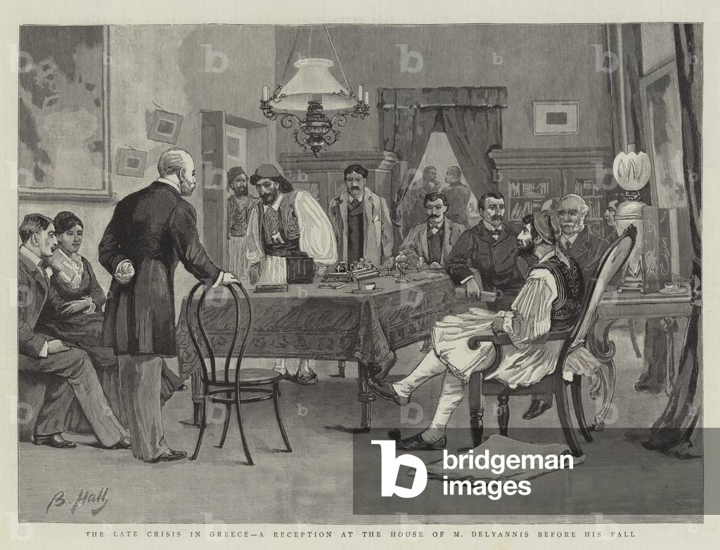 The Late Crisis in Greece, a Reception at the House of M Delyannis before his Fall (engraving)