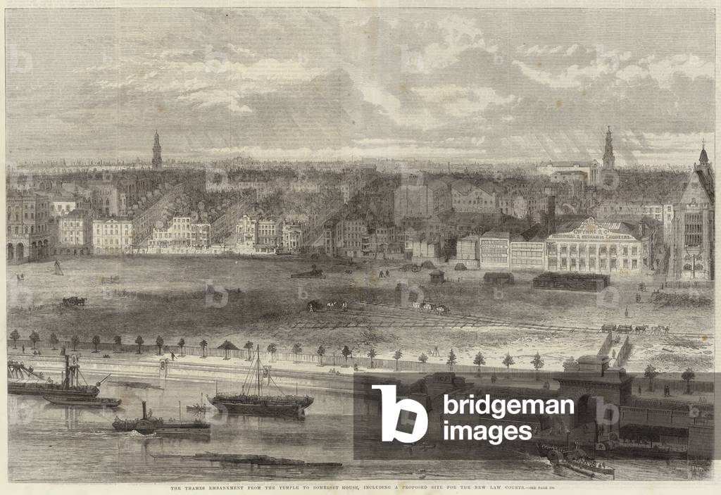 The Thames Embankment from the Temple to Somerset House, including a Proposed Site for the New Law Courts (engraving)