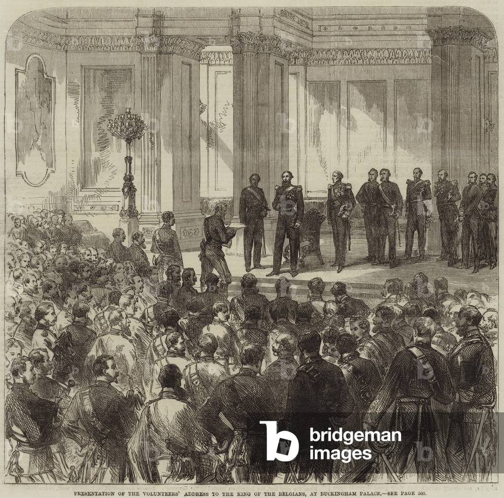 Presentation of the Volunteers' Address to the King of the Belgians, at Buckingham Palace (engraving)