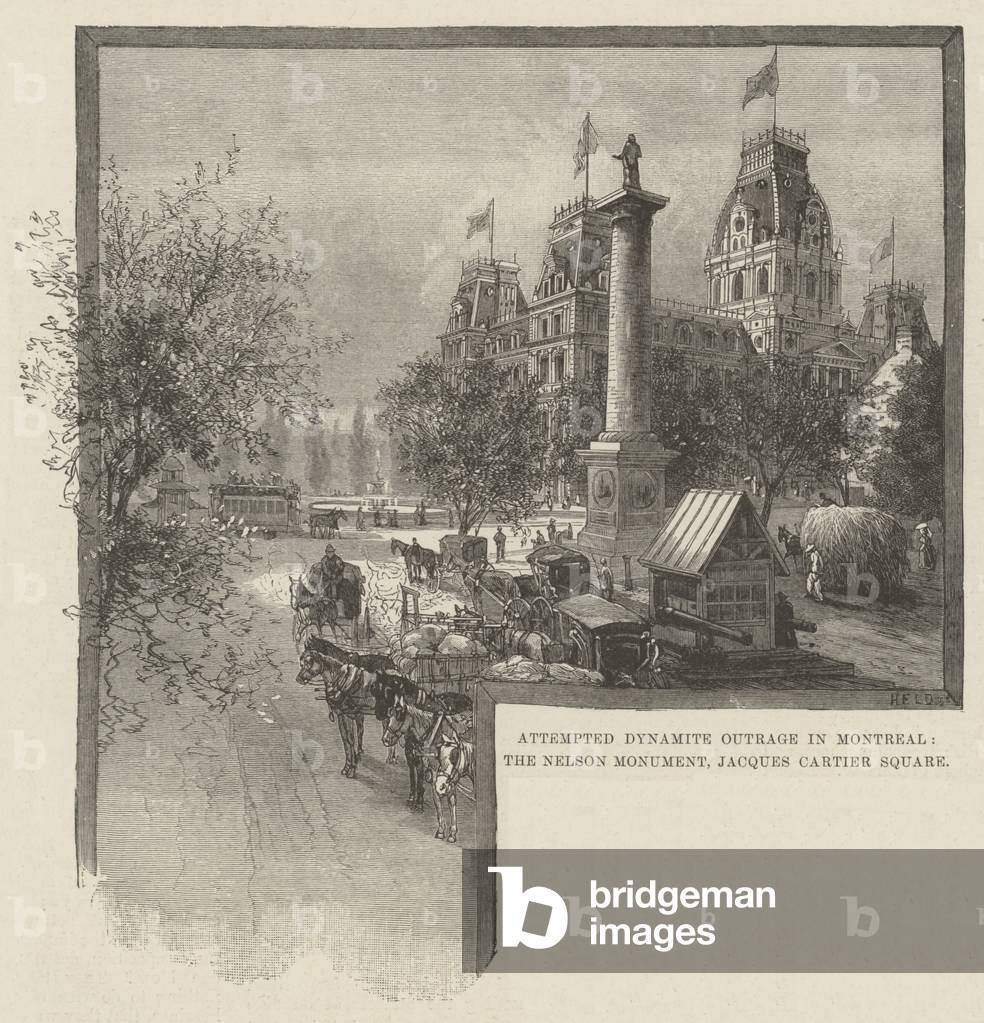 Attempted Dynamite Outrage in Montreal, the Nelson Monument, Jacques Cartier Square (engraving)