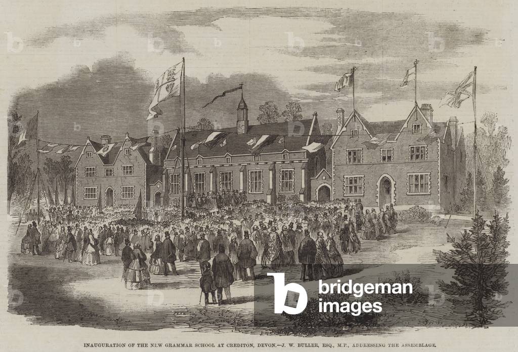 Inauguration of the New Grammar School at Crediton, Devon, J W Buller, Esquire, MP, addressing the Assemblage (engraving)