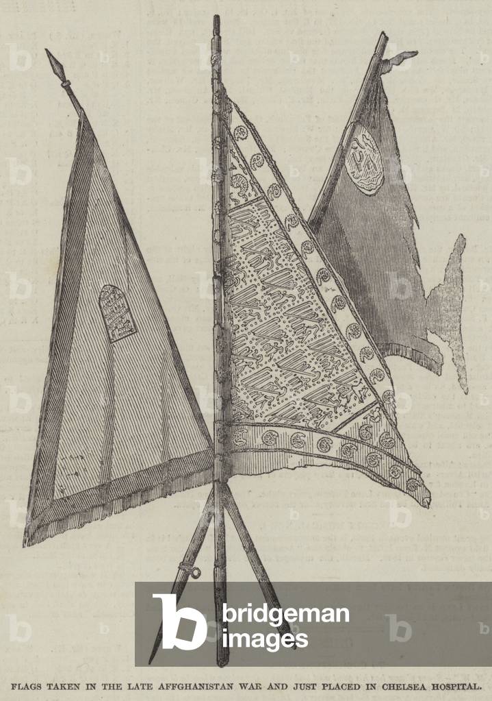 Flags taken in the Late Afghanistan War and just placed in Chelsea Hospital (engraving)