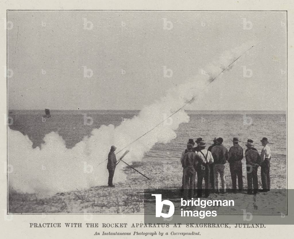 Practice with the Rocket Apparatus at Skagerrack, Jutland (b/w photo)