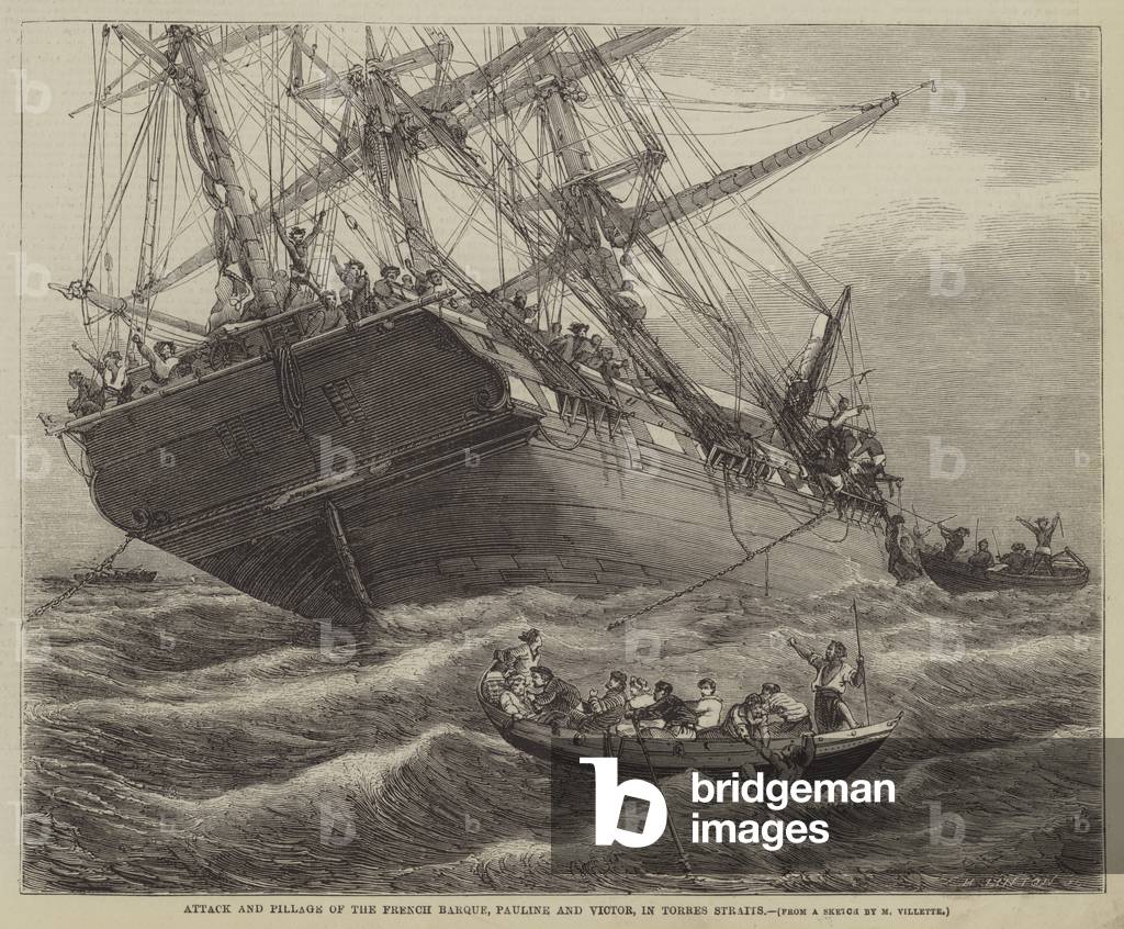Attack and Pillage of the French Barque, Pauline and Victor, in Torres Straits (engraving)