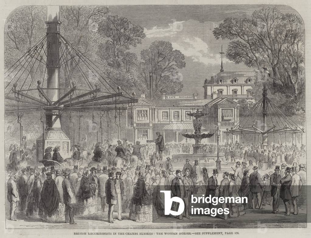 British Excursionists in the Champs Elysees, the Wooden Horses (engraving)
