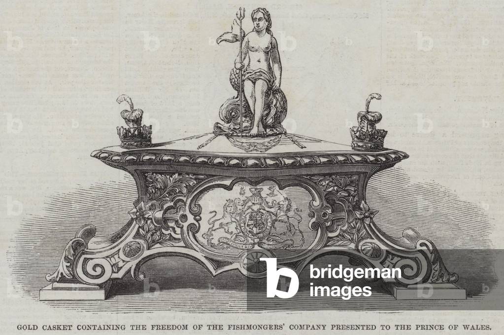 Gold Casket containing the Freedom of the Fishmongers' Company presented to the Prince of Wales (engraving)