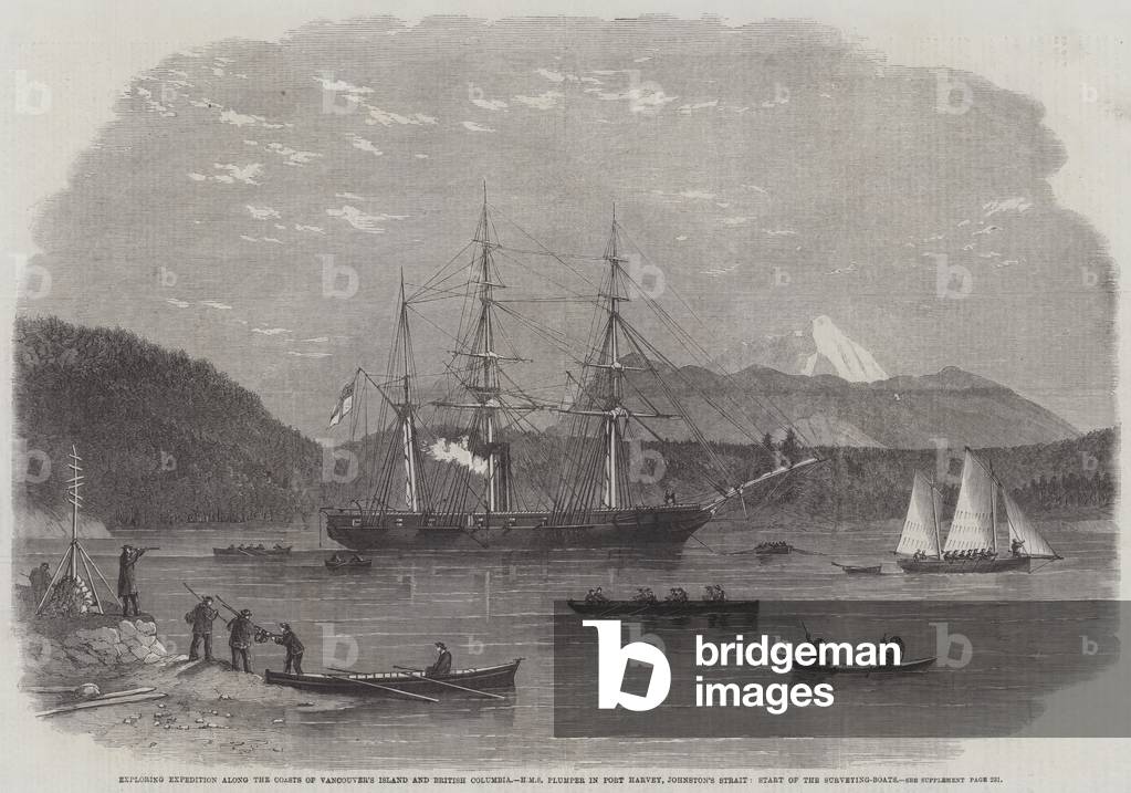 Exploring Expedition along the Coasts of Vancouver's Island and British Columbia, HMS Plumper in Port Harvey, Johnston's Strait, Start of the Surveying-Boats (engraving)