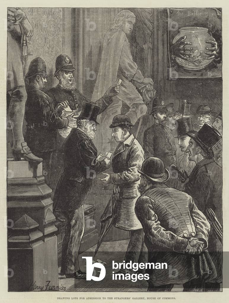 Drawing Lots for Admission to the Strangers' Gallery, House of Commons (engraving)