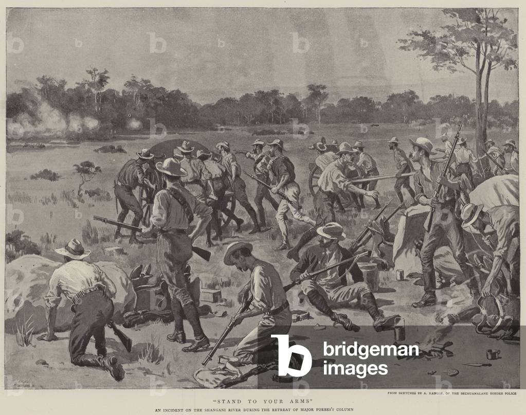 Stand To Your Arms, an incident on the Shangani River during the retreat of Major Forbes's Column (litho)