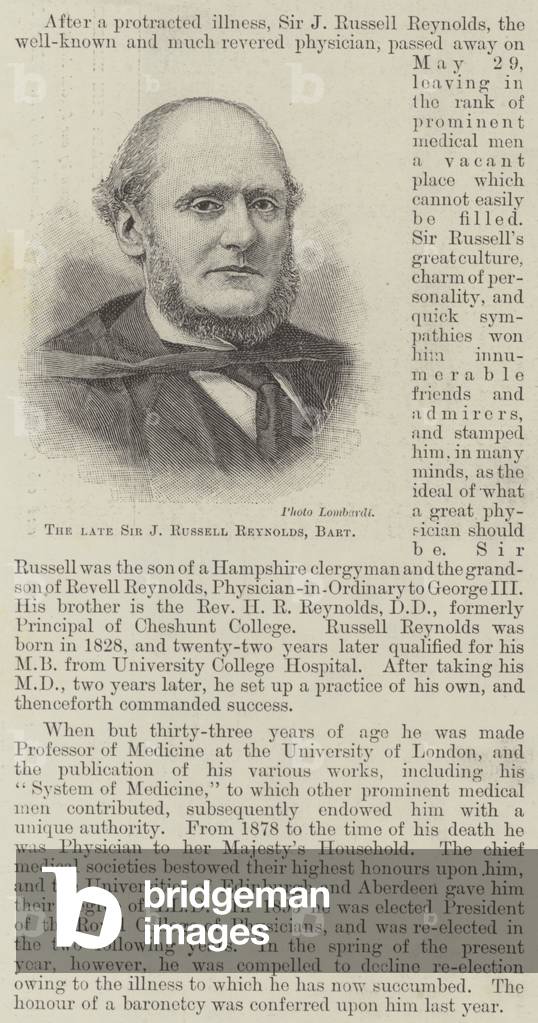 The late Sir J Russell Reynolds, Baronet (engraving)