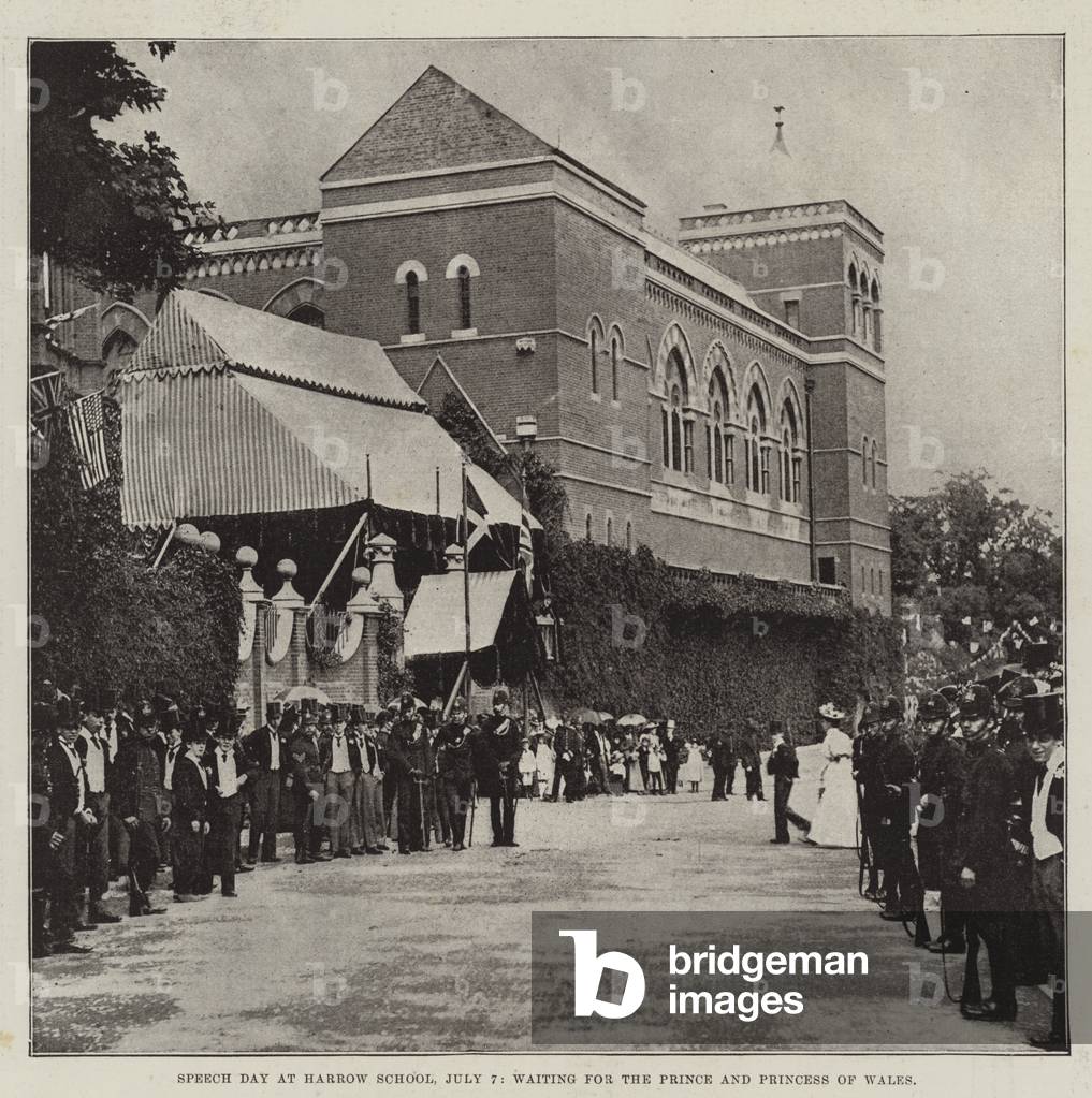 Speech Day at Harrow School, 7 July, waiting for the Prince and Princess of Wales (b/w photo)