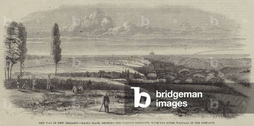 The War in New Zealand, Kaira Plain, showing the Various Redoubts, with the River Waitara in the Distance (engraving)