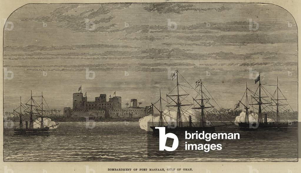 Bombardment of Fort Masnaah, Gulf of Oman (engraving)