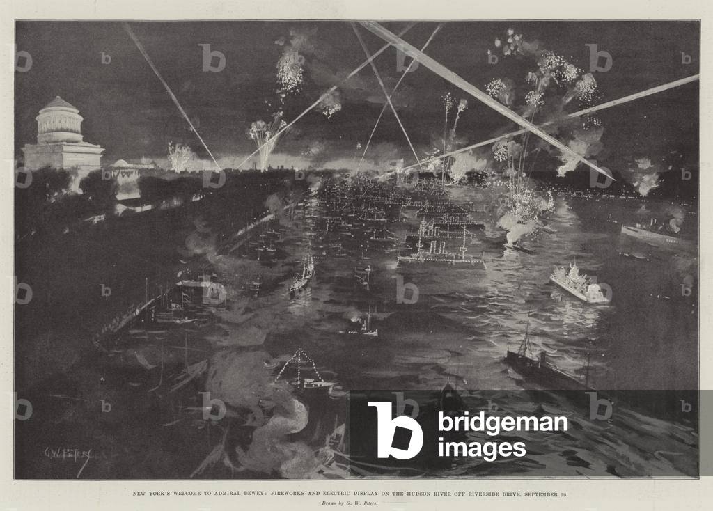 New York's Welcome to Admiral Dewey, Fireworks and Electric Display on the Hudson River off Riverside Drive, 29 September (engraving)