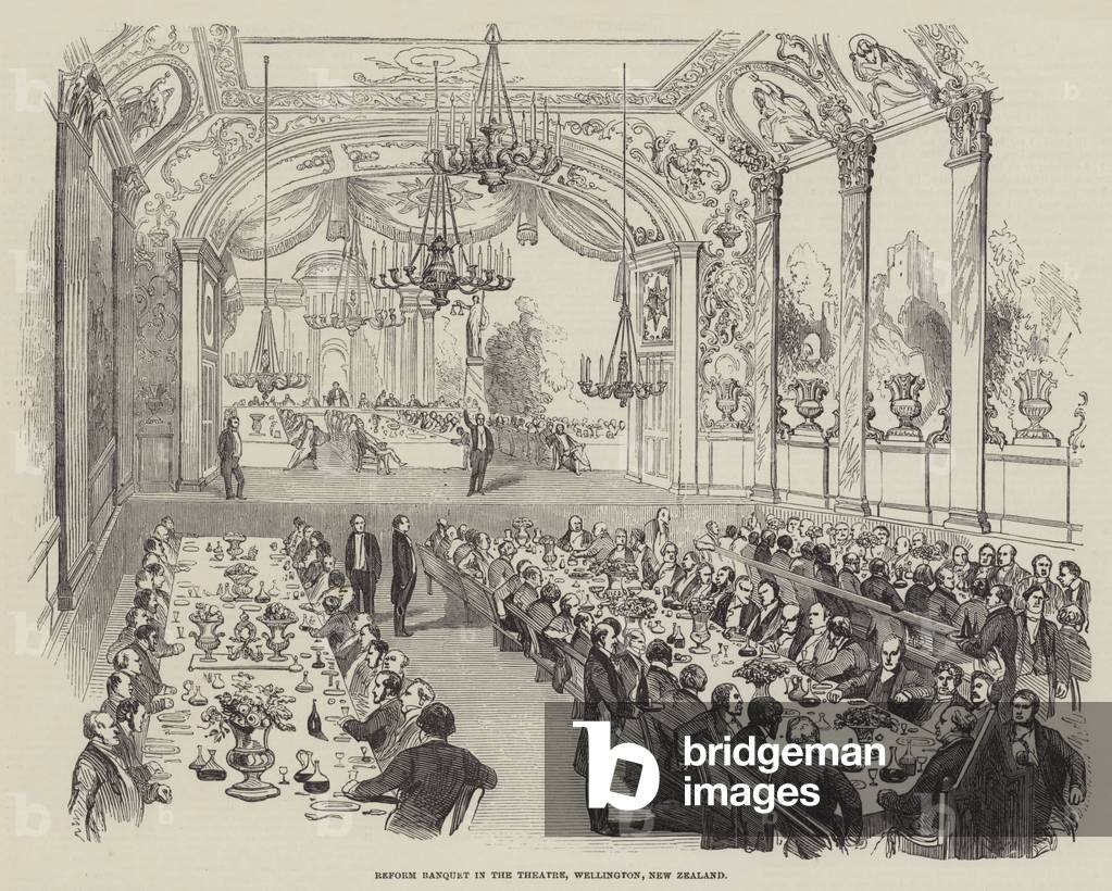 Reform Banquet in the Theatre, Wellington, New Zealand (engraving)