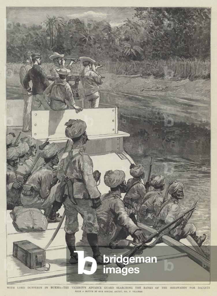 With Lord Dufferin in Burma, the Viceroy's Advance Guard searching the Banks of the Irrawaddy for Dacoits (engraving)