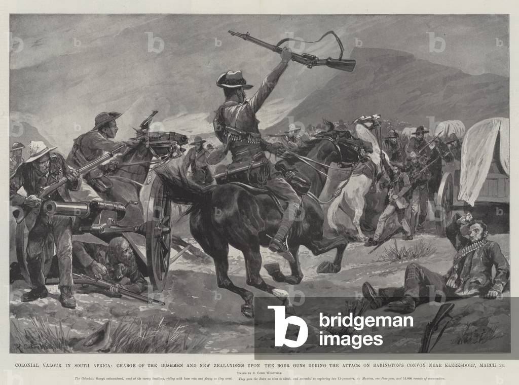 Colonial Valour in South Africa, Charge of the Bushmen and New Zealanders upon the Boer Guns during the Attack on Babington's Convoy near Klerksdorp, 24 March (litho)