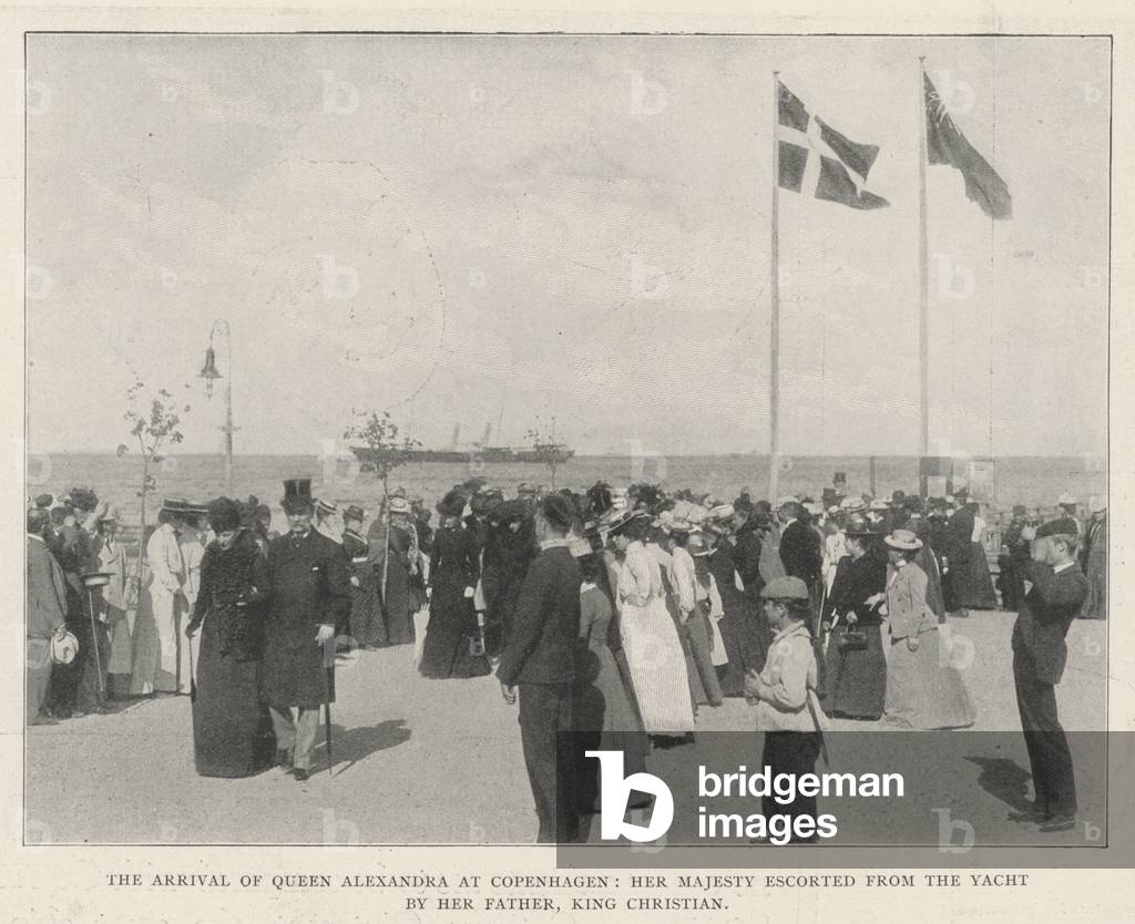 The Arrival of Queen Alexandra at Copenhagen, Her Majesty escorted from the Yacht by her Father, King Christian (b/w photo)