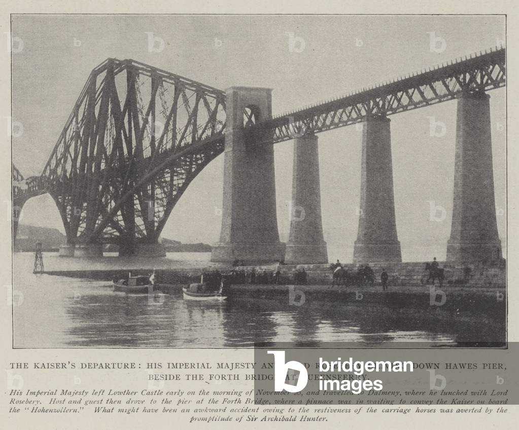 The Kaiser's Departure, His Imperial Majesty and Lord Rosebery driving down Hawes Pier, beside the Forth Bridge at Queensferry (engraving)