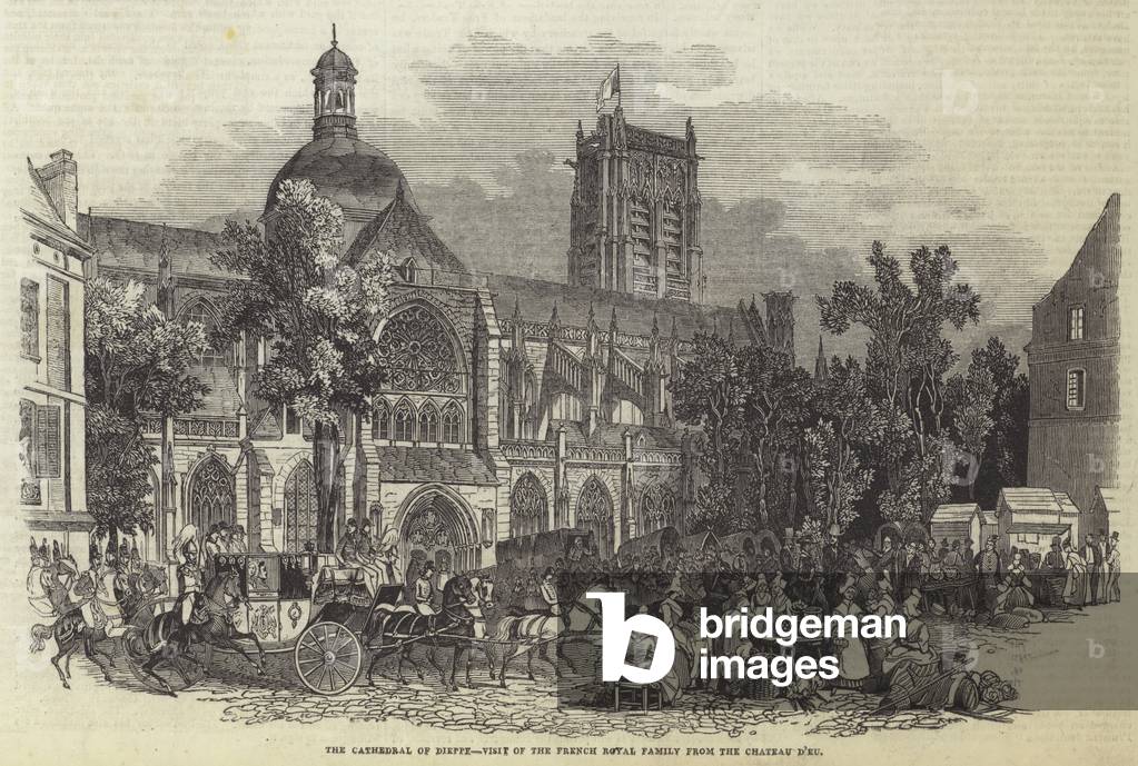 The Cathedral of Dieppe, Visit of the French Royal Family from the Chateau d'Eu (engraving)