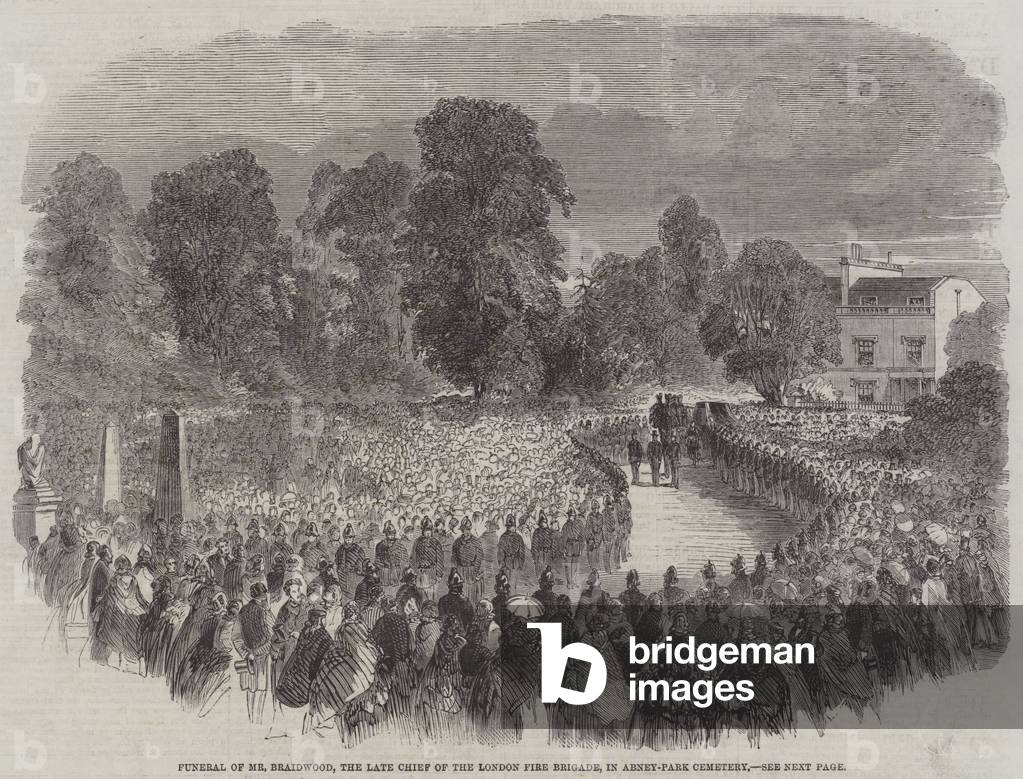 Funeral of Mr Braidwood, the late Chief of the London Fire Brigade, in Abney-Park Cemetery (engraving)