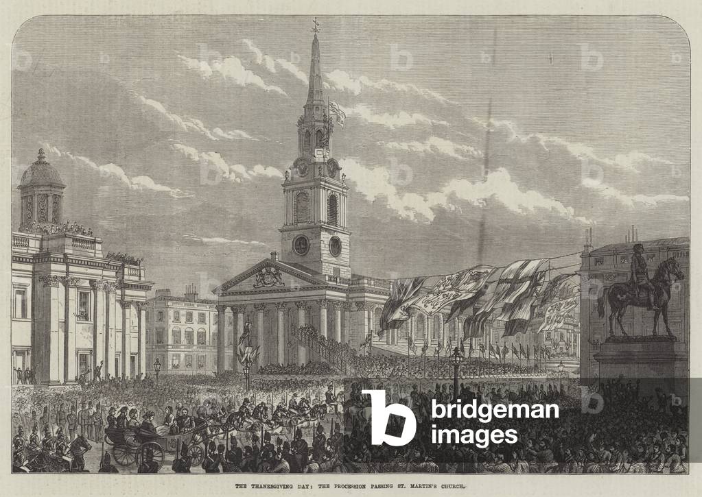 The Thanksgiving Day, the Procession passing St Martin's Church (engraving)