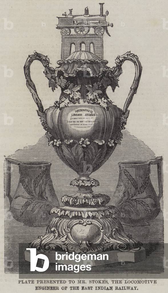 Plate presented to Mr Stokes, the Locomotive Engineer of the East Indian Railway (engraving)